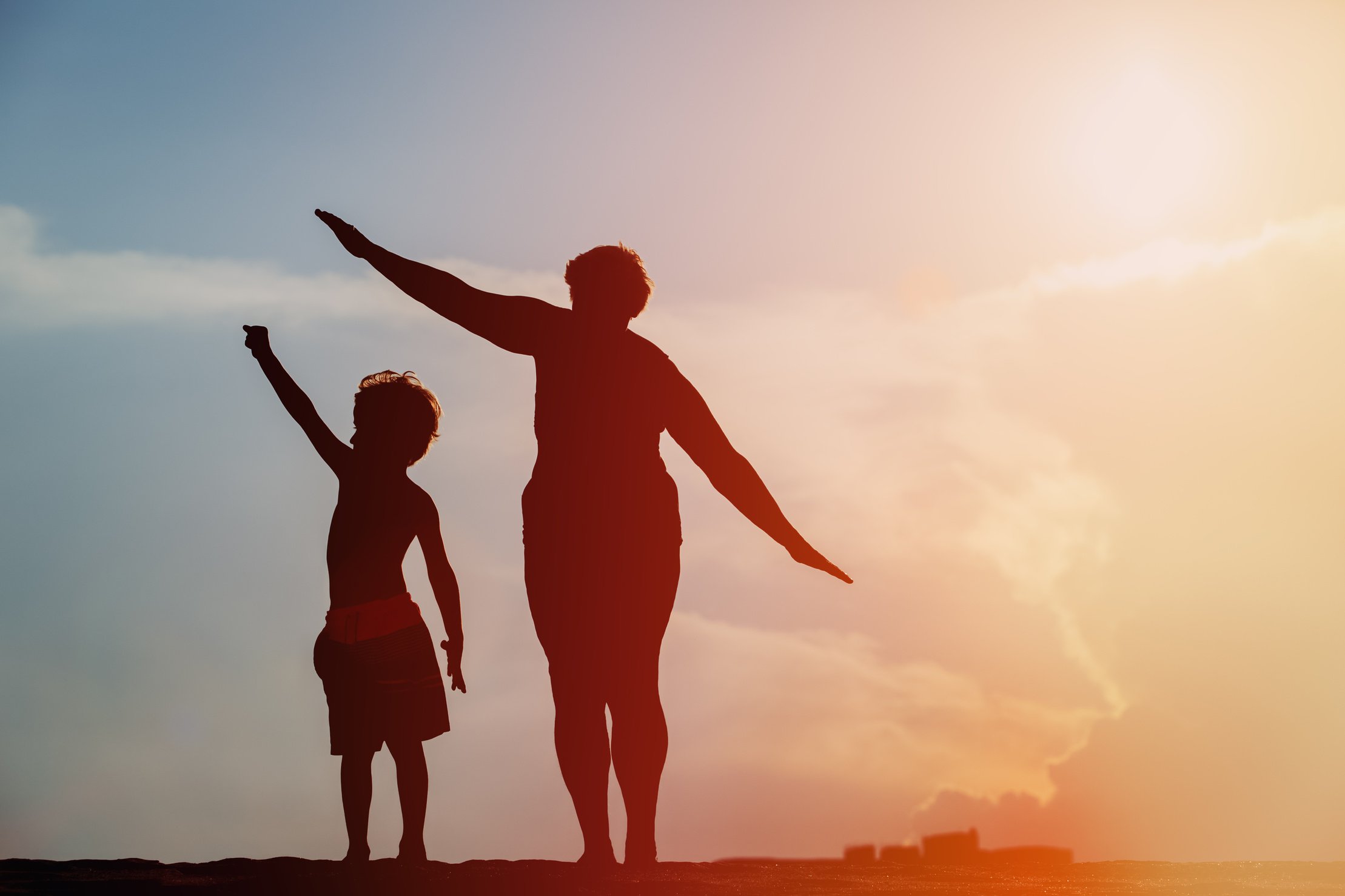 Silhouette of family play at sunset sky